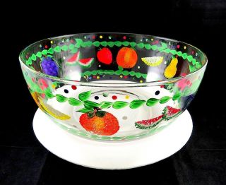 Studio Art Glass Vintage Hand Painter Fruit And Leaves Design 10 7/8 " Salad Bowl