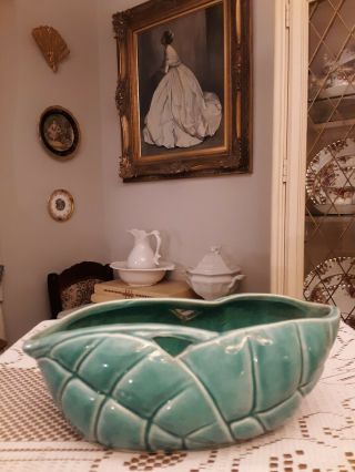 Vintage Mccoy Usa Art Pottery Double Leaf Planter Light Bluish Green