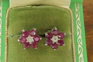 Vintage Sterling Silver Modern Ruby Diamond Flower Earrings