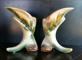 Vintage Hull Pottery Cornucopia Parchment & Pinecone Vases Pair S - 2 - R And S - 2 - L