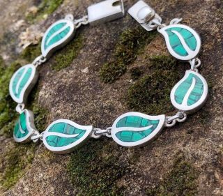 Vintage Handcrafted Sterling Silver & Malachite Link Bracelet Mexico Heavy 36.  5g
