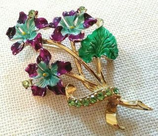 Vintage Goldtone And Enamel With Rhinestones Violet Flowers Pin Brooch