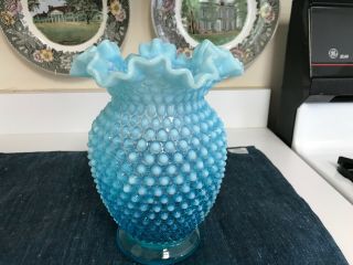 Vintage Large 8 1/2 " Fenton Glass Blue Opalescent Hobnail Vase