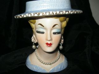 Vintage Head Vase Lefton Blue Hat And Dress With Pearl Earrings & Necklace 4 3/4