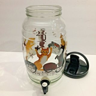 Vtg Glass Jar Beverage Dispenser Cats Party Drinks Jug Whimsy Kittens Lid Hand
