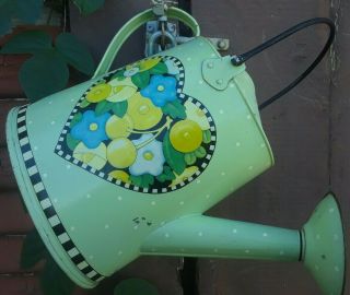 Vtg Mary Engelbreit Metal 9 " Watering Can Green Yellow Blue Floral Cottage Cute