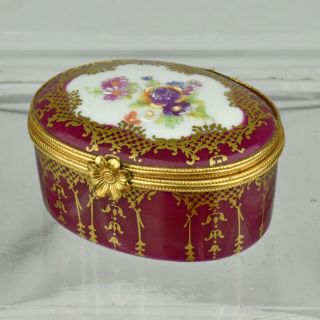 Vintage Porcelain S A Limoges France Trinket Box Purple Flowers Gold Accent Trim