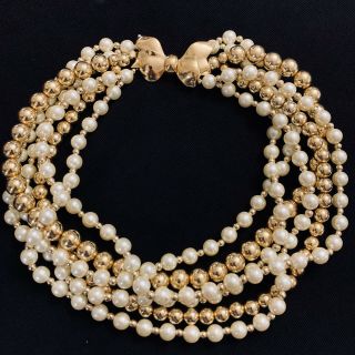 Vtg Carolee Faux Pearl & Acrylic Gold Bead Choker Necklace Bow Clasp 17 "