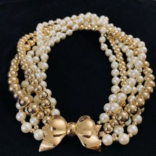 Vtg Carolee Faux Pearl & Acrylic Gold Bead Choker Necklace Bow Clasp 17 