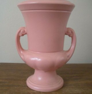 Vtg Abingdon Art Pottery Double Handled Urn Pink Trophy Shaped Vase 9.  5 " Planter