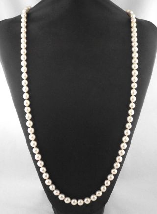 Majorica - Long Vintage Knotted Pearls Necklace W/ Sterling Clasp - 34 " - 9 Mm