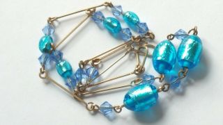 Czech Vintage Art Deco Aqua Foil Glass Bead Necklace Rolled Gold Links