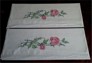 Vintage White Cotton Hand Embroidered Pink Roses Pillow Cases Lace