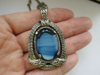 Vintage Signed Miracle Scottish Celtic Blue Agate Glass Silver Pendant Necklace