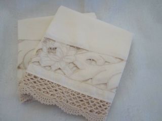 Vtg Set Of 2 Beige Crochet Floral Cut Out Window Valances French Country