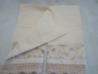 Vtg Set Of 2 Beige Crochet Floral Cut Out Window Valances French Country 4
