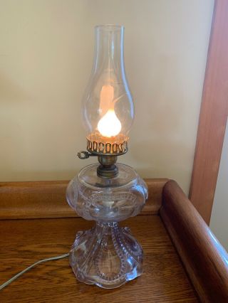 Vintage Clear Glass Antique Oil Lamp Converted To Electric W/ Hurricane Chimney