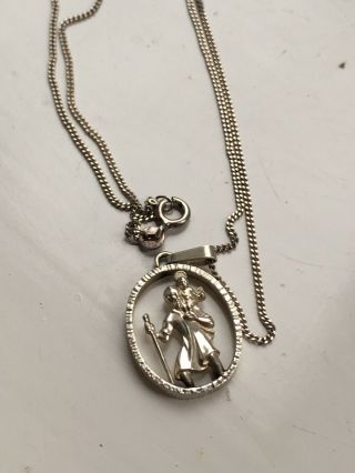 Vintage Solid Silver St Christopher Religious Pendant With Necklace