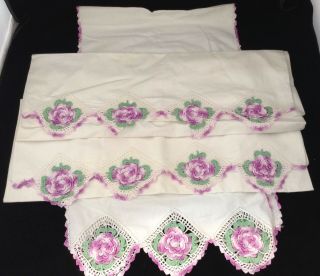 Vtg Hand Crochet Purple Flower Dresser Scarf Pillowcases Cutter Crafts