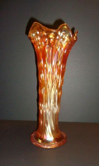 Vintage Northwood Tree Trunk Orange Carnival Glass Vase 10 "