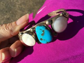 Vintage Navajo Sterling Silver,  Turquoise & Mother Of Pearl Cuff Bracelet