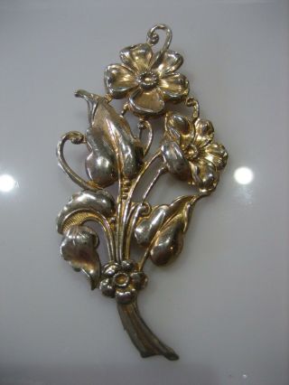 Estate Vintage Sterling Silver Vermeil Large Flower Leaf Brooch Pin 8.  1 Grams