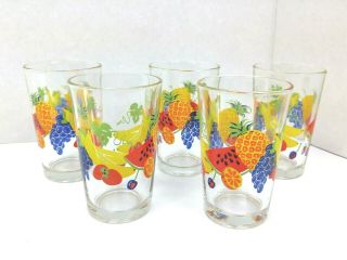 Vintage Set 5 Juice Glasses Bright Fruit Firna Indonesia Swanky Swigs 4 " Tall