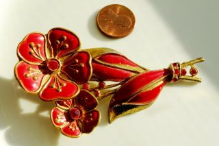 Vintage Pin Brooch Gold Tone Red Enamel Flowers