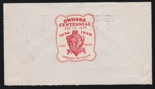 Us Vintage 1936 Owosso Mich.  Centennial " Chief Wasso " Cinderella Stamp On Cover