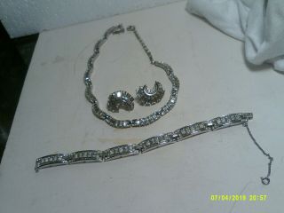 Vintage Crown Trifari Clear Rhinestone Necklace,  Bracelet & Clip On Earring Set