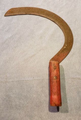 Vintage Field Sickle Scythe Corn Cutter 15 " Old Red Paint Primitive Maine Barn