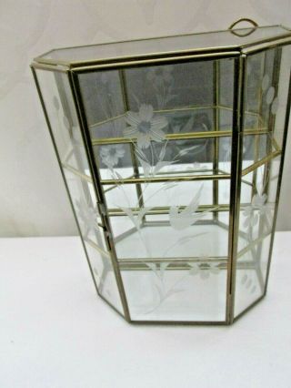 Vtg Etched Bird 2 Tier Brass & Glass Miniature Display Case Mirrored Hexagon