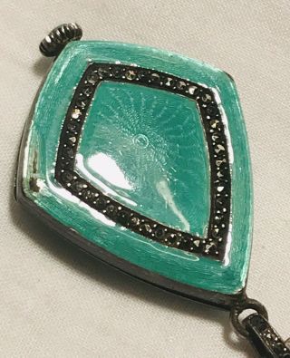 Vintage Swiss Blue/Green Guilloché Enamel Pendant Watch - Sterling/Diamonds? LOOK 7
