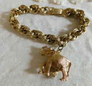 Vintage Napier Elephant Charm Chain Bracelet Signed,  8 " Antique Gold Tone