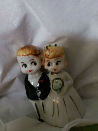 Vintage Bride & Groom Couple Wedding Bell Cake Topper Japan Hand Painted 2.  5 " Hi