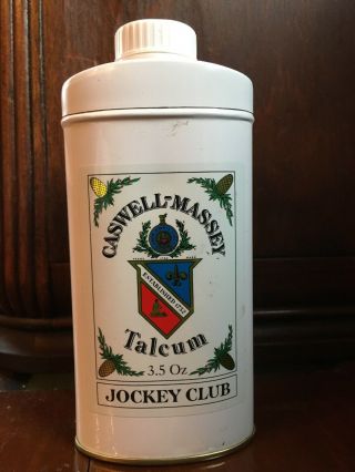 Vintage Tin Caswell Massey Talcum Powder Jockey Club 3.  5 Oz.  Made In Usa