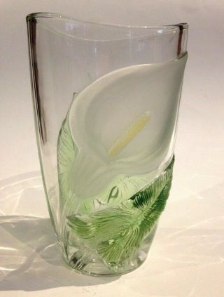 Vtg France Made Crystal Vase Floral Anthurium Leaf Frosted Glass Heavy 7