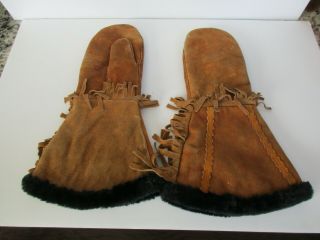 Vintage Men ' s Large Leather Lined Cowboy/Native American Mittens/Gloves 2