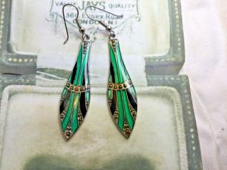 Vintage Jewellery Art Deco Pierre Bex Style Green Black Enamel Dropper Earrings