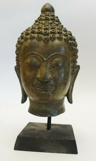 Abc - Bx Vintage Asian Bronze Buddha Head On Wood Base 9 1/2 " Total Height