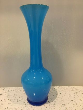 Vintage Empoli Blue Cased Glass Bud Vase,  20 Cm Tall Long Necked Bottle Vase