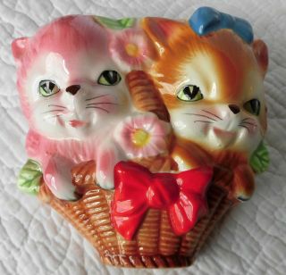 Kitty Cats Wall Pocket Ceramic Vintage Enesco Retro Kitsch 1950 