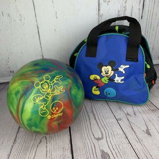 Vtg Disney Mickey Mouse X Brunswick Cosmic Bowling Ball Team Drilled With Bag 10