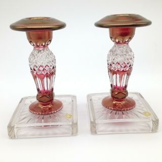 Vintage Westmoreland Ruby Red Flashed Candle Holder Pair Set Of 2 Diamond Point