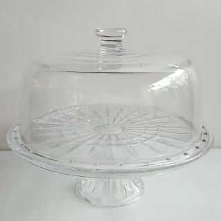 Vintage Clear Glass Starburst Pedestal Cake Plate Stand 12 " & Dome 10.  75 "