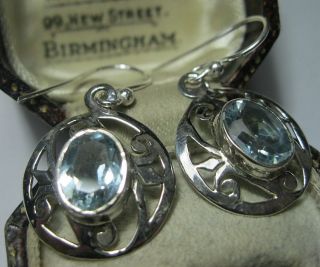 Vintage Style Sterling Silver Real Blue Topaz Gem Stone Drop Earrings