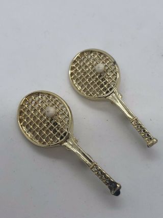 Vintage Crossed Tennis Rackets Brooch Pin Gold Tone Pearl Ball