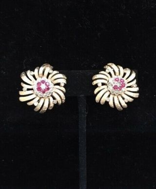 Vintage Signed Jomaz Brushed Gold Tone Flower Clip Earrings Ruby Red Rhinestones