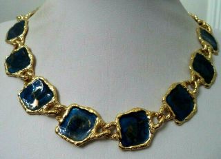 Stunning Vintage Estate Blue Enameled Gold Tone Couture 20 7/8 " Necklace 5442v