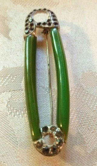 Large Vintage Green Bakelite Rhinestone Safety Pin Pin Brooch